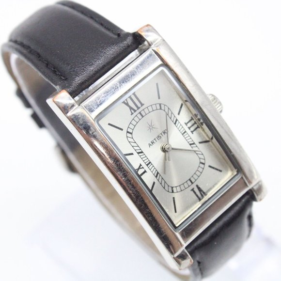 Vintage Artistry Watch Mens Silver Tone Stainless Steel Black Leather Band - Picture 4 of 8